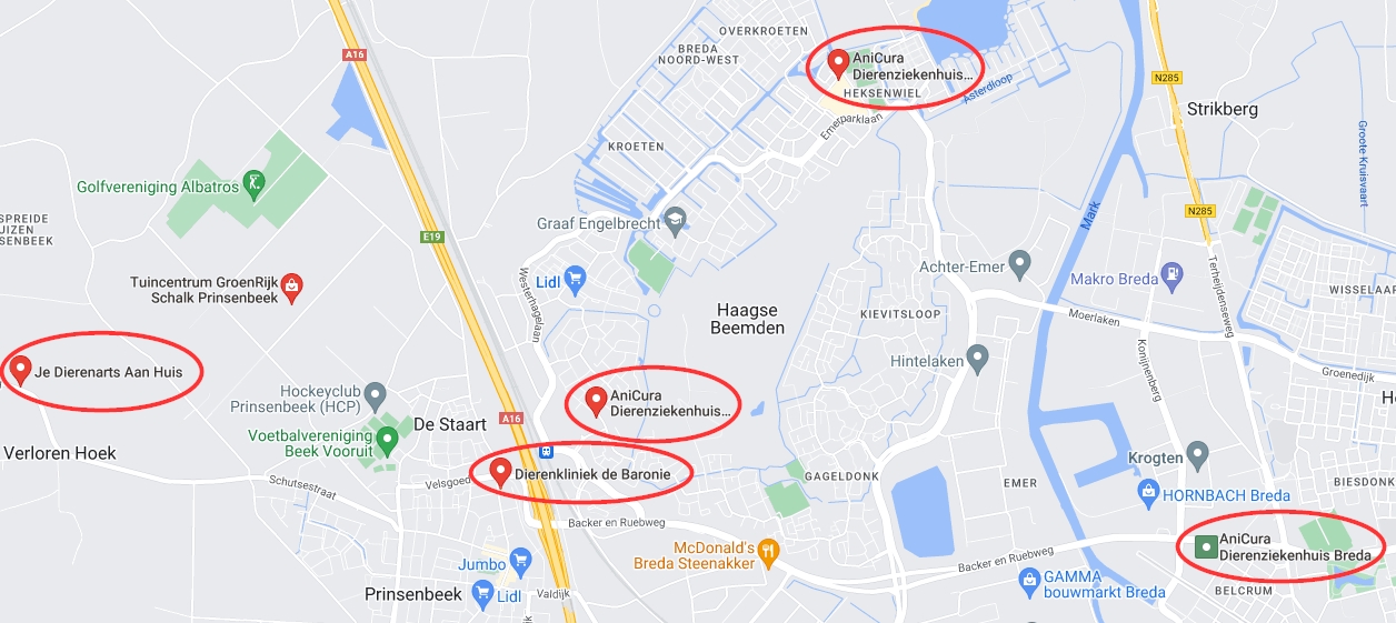 Klik op landkaart voor dierenartsen in de Haagse Beemden en Prinsenbeek